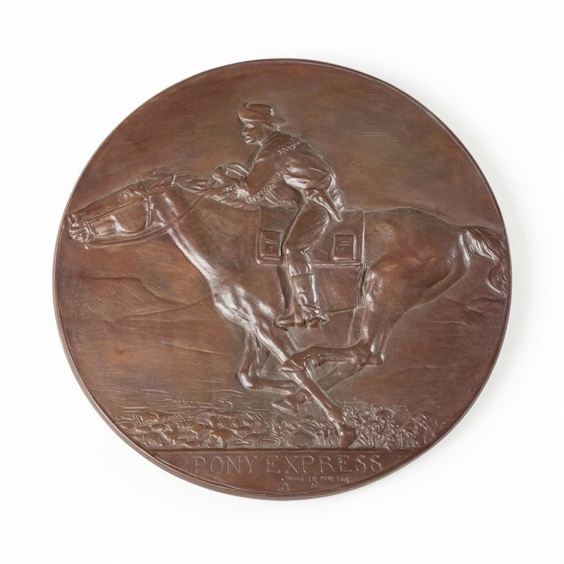 Alexander Phimister Proctor (American, 1862-1950), Pony Express, 1930, circular cast bronze relief plaque for Wells Fargo & Company
