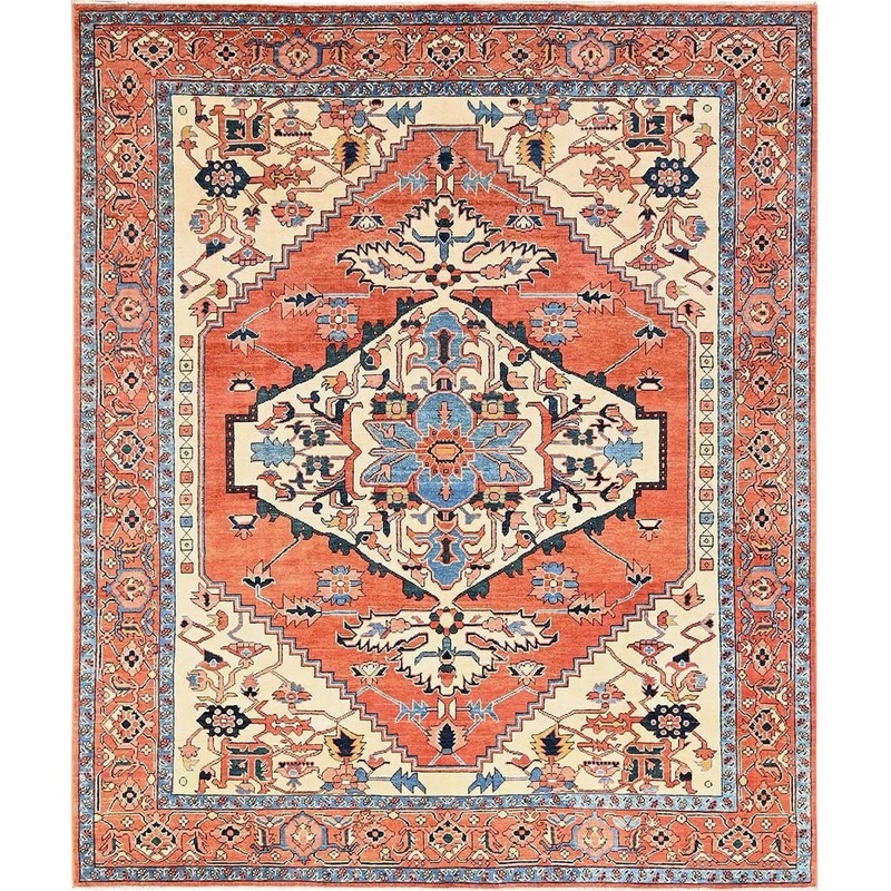 Antique Heriz Carpet - hand-knotted wool geometric medallion rug with terracotta field and ivory spandrels (Persian, circa 1900)