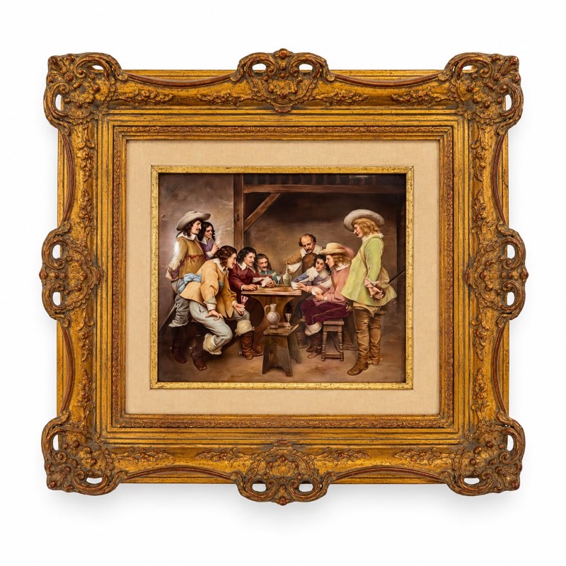 A Fine German Berlin (KPM) Hand-Painted Porcelain Plaque: Tavern Scene with Cavaliers in an Inn, in the 17th-Century Dutch Style, Late 19th Century