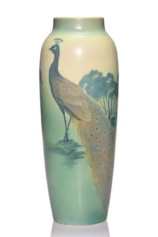 Peacock Vellum Vase - glazed earthenware art pottery vase by Kataro Shirayamadani (American/Japanese, 1865-1948) for Rookwood Pottery